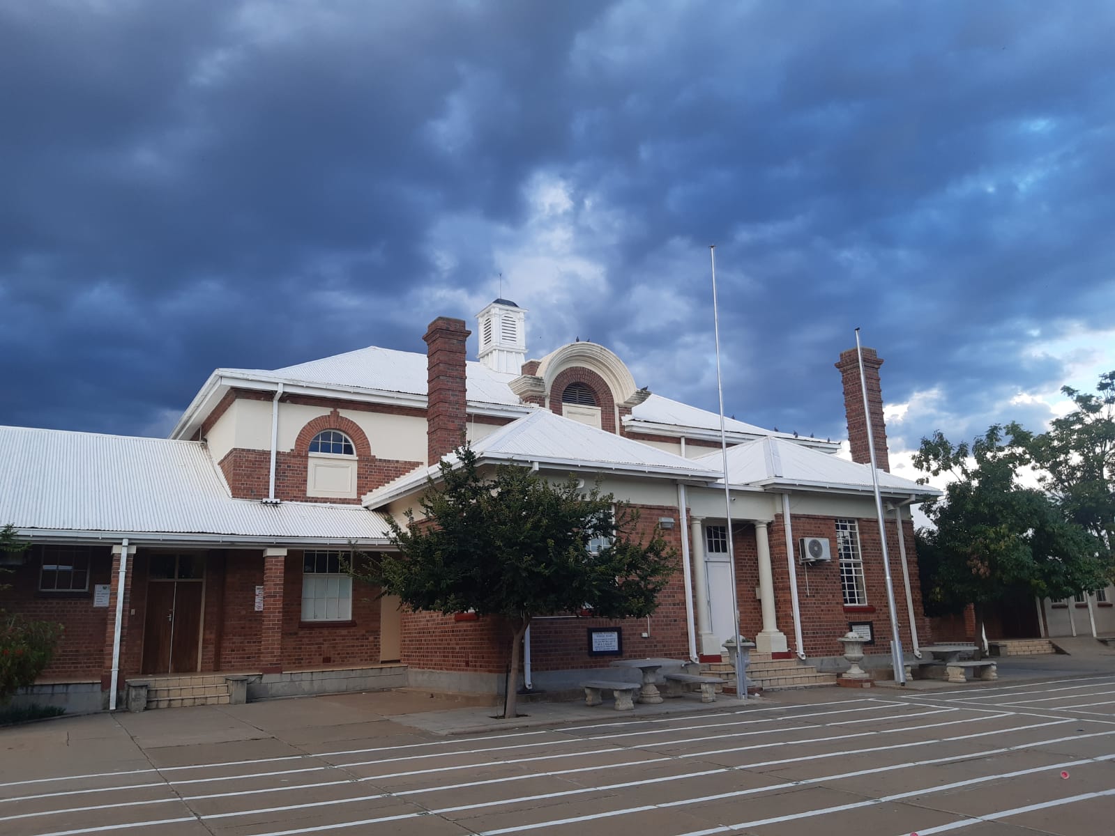 Vryburg High School main building angled view in Vryburg, North West, South Africa.